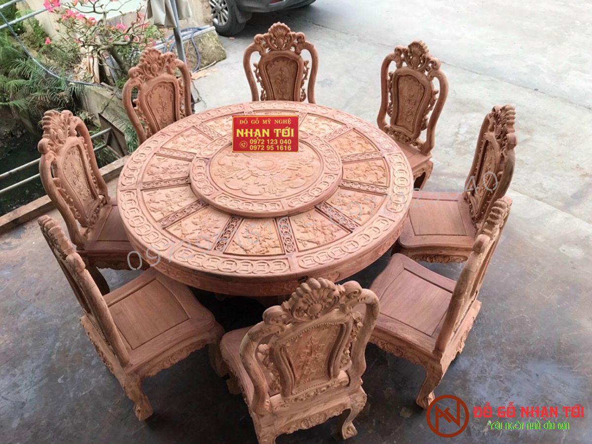 Bàn ghế ăn hoàng gia bàn tròn gỗ hương đá - dogonhantoi.com