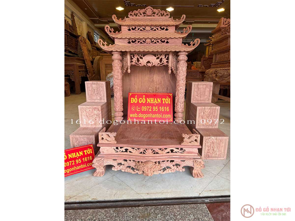 Ban thờ thần tài ba mái gỗ hương đá4